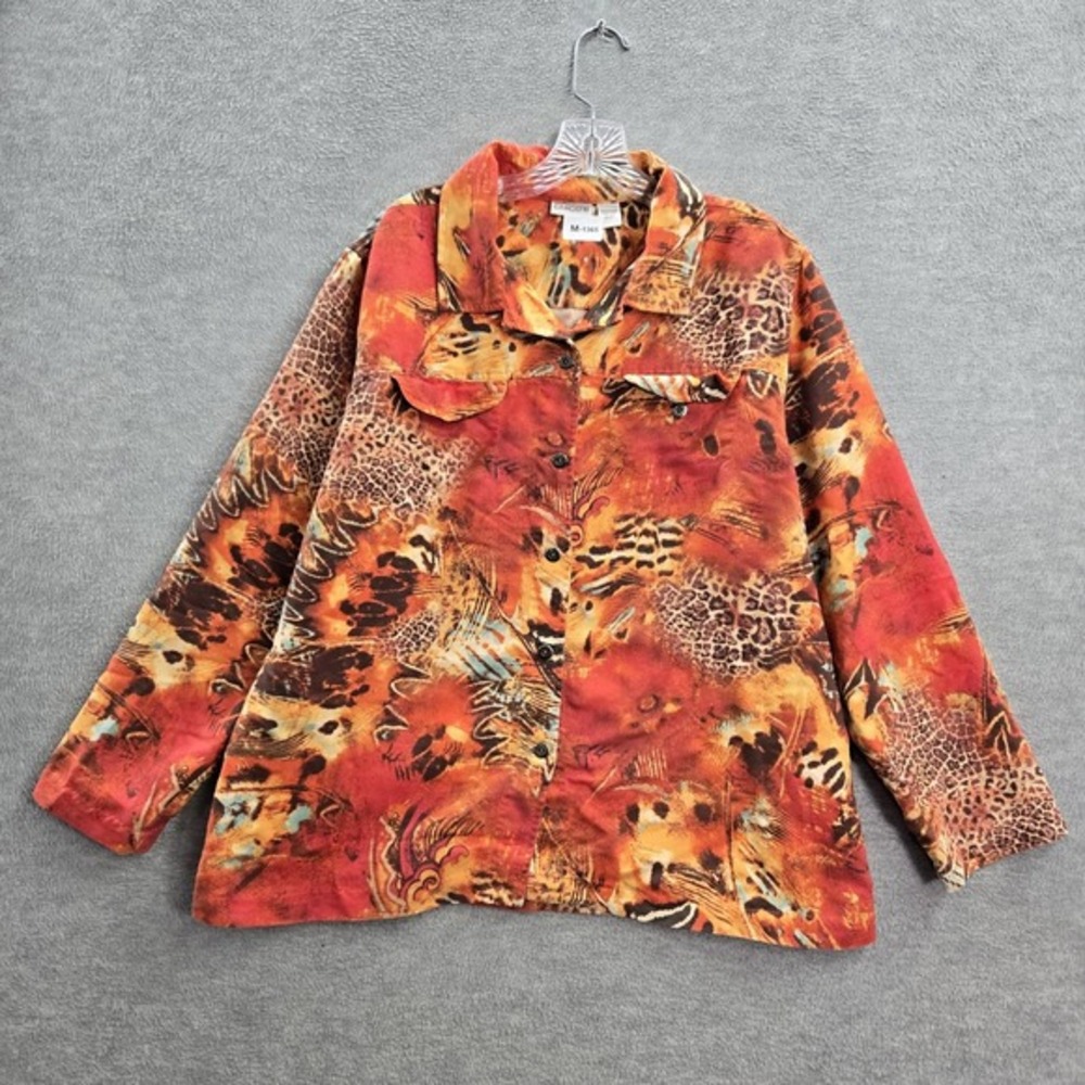 Chico's Women Button Up Shirt 3 Orange Animal Print Collared Shacket